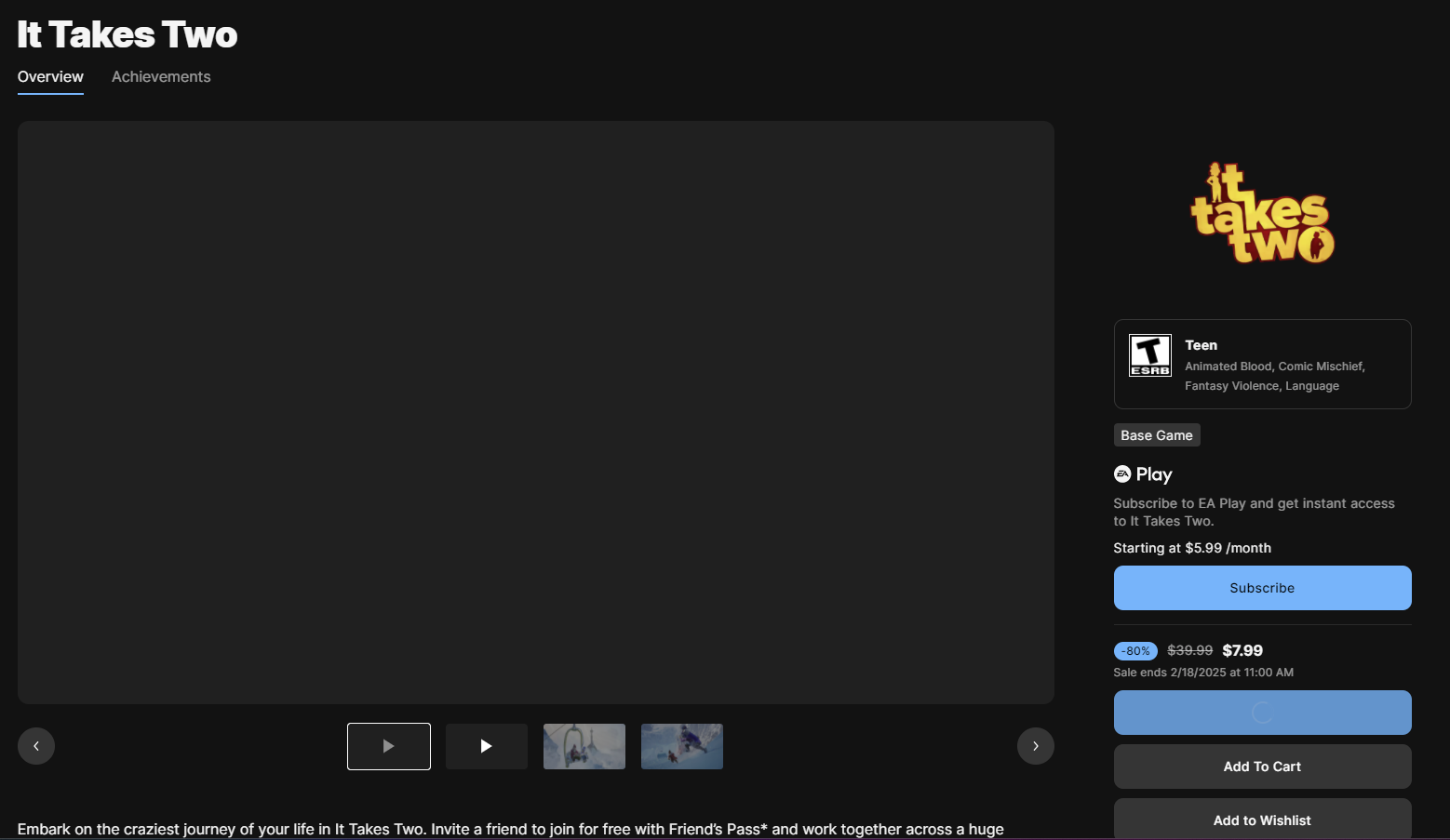 It Takes Two Epic Page A Screenshot of the Epic Store page for It Takes Two