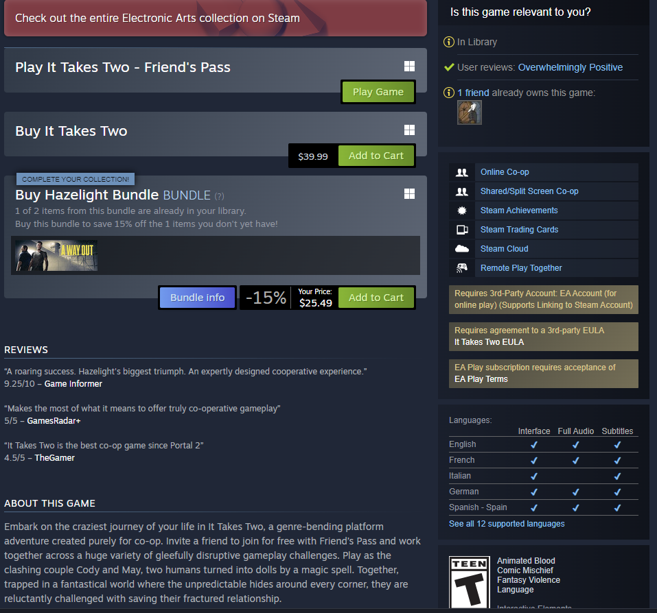 It Takes Two Rating A Screenshot of finding the rating for It Takes Two on Steam
